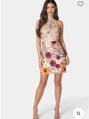 NWT Bebe Floral Embroidered Halter Mini Dress - Beige with Multicolor Flowers